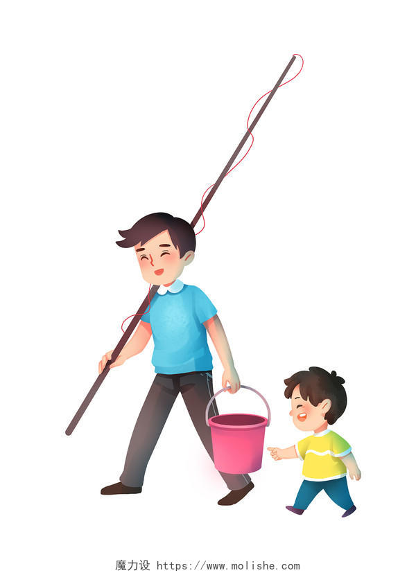 彩色手绘卡通父亲节爸爸带儿子去野外钓鱼元素PNG素材
